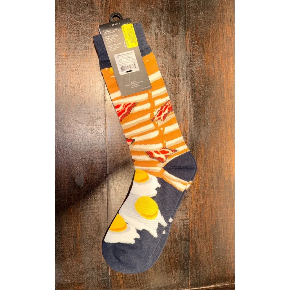 K.Bell Men's Crew Socks Breakfast Bacon Eggs‎ Fun Novelty Sz 10-13 Black
